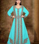 Cyan color luxurious Full Sleeves Handmade Moroccan Kaftan with hijab