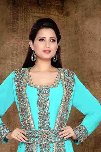 Cyan color Full Sleeves Handmade Moroccan Kaftan with hijab