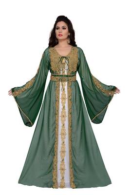 Dark Green & white color Handmade Moroccan Kaftan with hijab 1