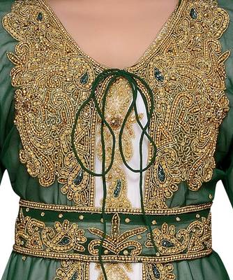 Dark Green & white color Handmade Moroccan Kaftan with hijab 2