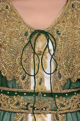 Dark Green & white color Handmade Moroccan Kaftan with hijab