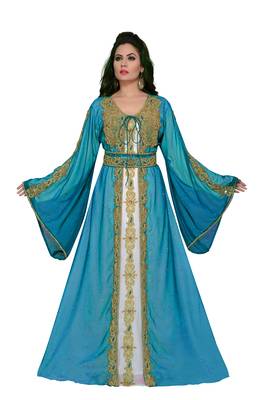 Cyan & white color Handmade Moroccan Kaftan with hijab 1