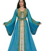 Cyan & white color luxurious Handmade Moroccan Kaftan with hijab