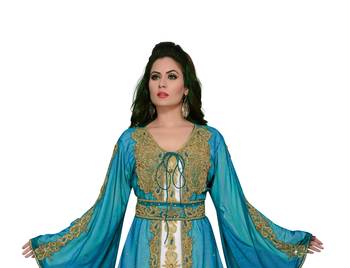 Cyan & white color Handmade Moroccan Kaftan with hijab 2