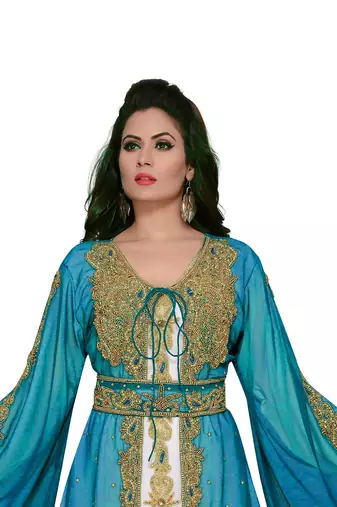 Cyan & white color Handmade Moroccan Kaftan with hijab