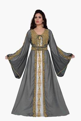 Grey & white color  Handmade Moroccan Kaftan with hijab 1