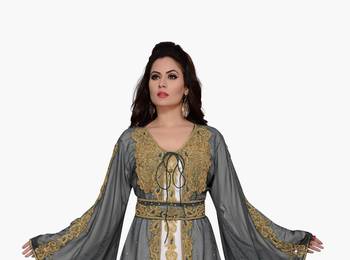Grey & white color  Handmade Moroccan Kaftan with hijab 2