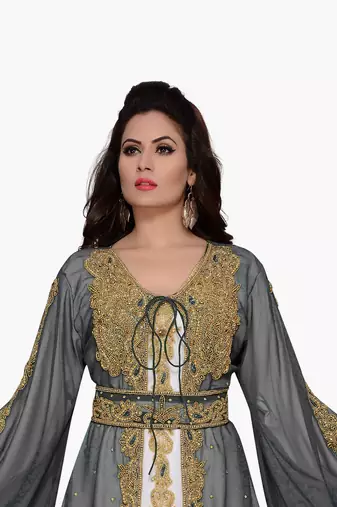 Grey & white color  Handmade Moroccan Kaftan with hijab