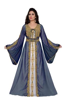 Navy-Blue & white color Handmade Moroccan Kaftan  with hijab 1