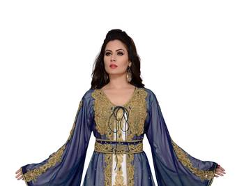 Navy-Blue & white color Handmade Moroccan Kaftan  with hijab 2