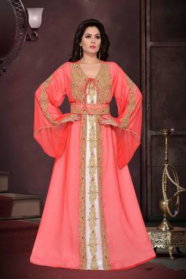 Red & white color Handmade Moroccan Kaftan with hijab 1