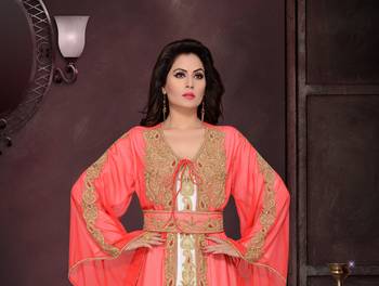 Red & white color Handmade Moroccan Kaftan with hijab 2
