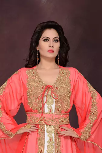 Red & white color Handmade Moroccan Kaftan with hijab