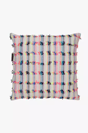 Mezposh cream & multi self design cotton acrylic jacquard cushion cover (16"x16")