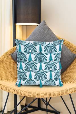 Mezposh teal green & white scallop embellished cotton acrylic jacquard cushion cover (16"x16") 1
