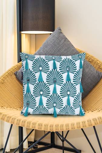 Mezposh teal green & white scallop embellished cotton acrylic jacquard cushion cover (16"x16")