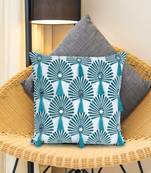 Mezposh teal green & white scallop embellished cotton acrylic jacquard cushion cover (16"x16")