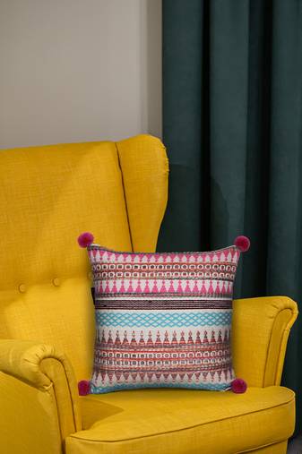 Mezposh natural & multi aztec self design cotton acrylic jacquard cushion cover (16"x16")