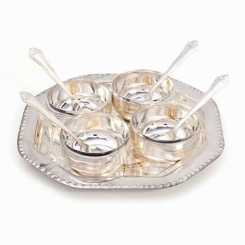 Silver Polish 4 Brass Bowl 4 Spoon N Tray Set Deepawali Gift 333 1