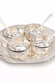 Silver Polish 4 Brass Bowl 4 Spoon N Tray Set Deepawali Gift 333