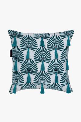 Mezposh teal green & white scallop embellished cotton acrylic jacquard cushion cover (16"x16") 2