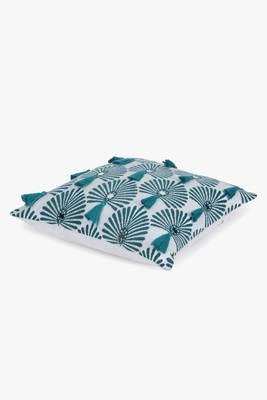 Mezposh teal green & white scallop embellished cotton acrylic jacquard cushion cover (16"x16") 4