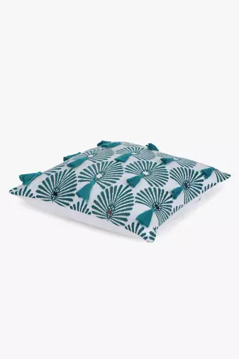 Mezposh teal green & white scallop embellished cotton acrylic jacquard cushion cover (16"x16")