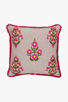 Mezposh beige, pink & green floral embroidered chambray canvas cushion cover (16"x16") 2