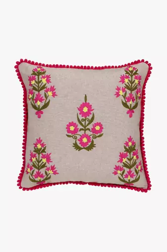 Mezposh beige, pink & green floral embroidered chambray canvas cushion cover (16"x16")