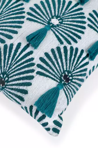 Mezposh teal green & white scallop embellished cotton acrylic jacquard cushion cover (16"x16")