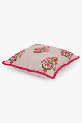 Mezposh beige, pink & green floral embroidered chambray canvas cushion cover (16"x16") 4