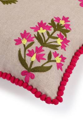 Mezposh beige, pink & green floral embroidered chambray canvas cushion cover (16"x16") 5