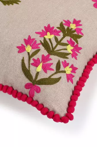 Mezposh beige, pink & green floral embroidered chambray canvas cushion cover (16"x16")