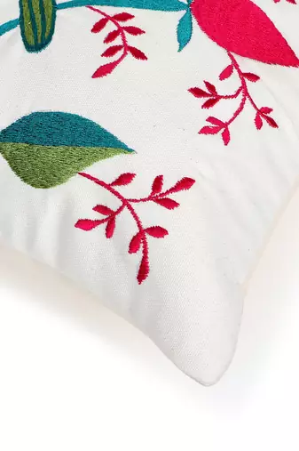 Mezposh natural, pink & green quirky embroidered cotton canvas cushion cover (16"x16")