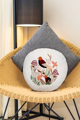 Mezposh natural & multi quirky embroidered cotton canvas cushion cover (16 inch dia) 1