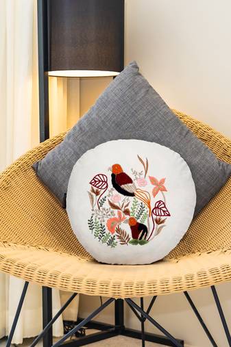 Mezposh natural & multi quirky embroidered cotton canvas cushion cover (16 inch dia)