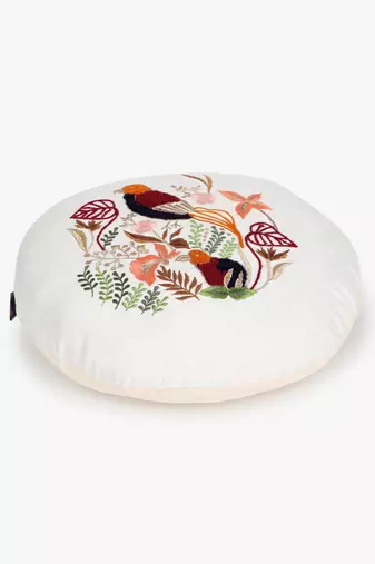 Mezposh natural & multi quirky embroidered cotton canvas cushion cover (16 inch dia)