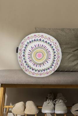 Mezposh natural & multi mandala embroidered cotton canvas cushion cover (16 inch dia) 1