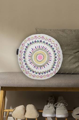 Mezposh natural & multi mandala embroidered cotton canvas cushion cover (16 inch dia)