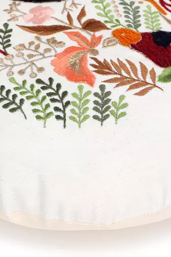 Mezposh natural & multi quirky embroidered cotton canvas cushion cover (16 inch dia)