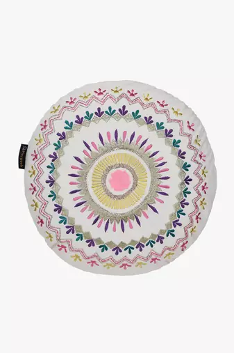 Mezposh natural & multi mandala embroidered cotton canvas cushion cover (16 inch dia)