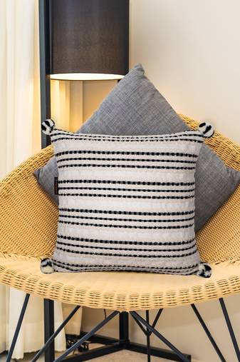 Mezposh natural & black striped cotton acrylic jacquard cushion cover (16"x16")