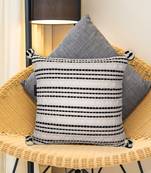 Mezposh natural & black striped cotton acrylic jacquard cushion cover (16"x16")