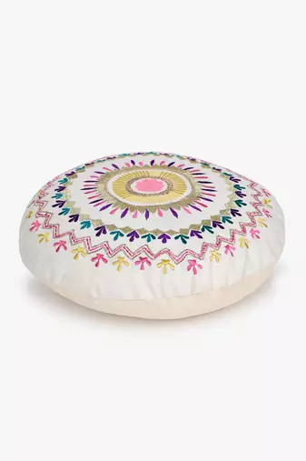 Mezposh natural & multi mandala embroidered cotton canvas cushion cover (16 inch dia)