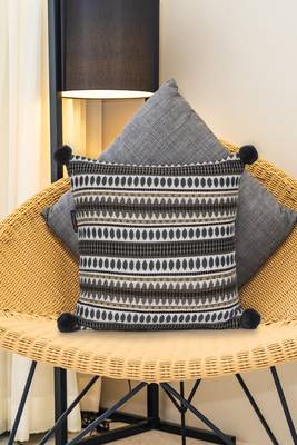 Mezposh natural & grey aztec self design cotton lurex jacquard cushion cover (16"x16") 1