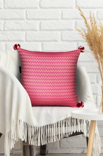Mezposh hot pink & beige chevron  cotton acrylic jacquard cushion cover (16"x16")