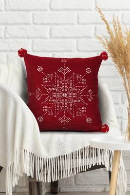 Mezposh cherry red & cream snowflake pattern polyvelvet cushion cover (16"x16") 1
