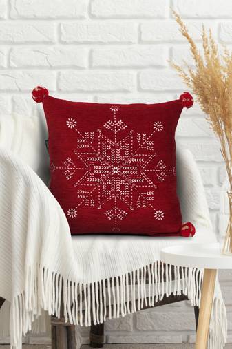 Mezposh cherry red & cream snowflake pattern polyvelvet cushion cover (16"x16")