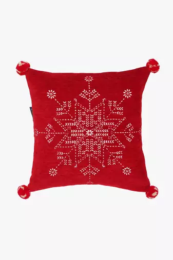 Mezposh cherry red & cream snowflake pattern polyvelvet cushion cover (16"x16")
