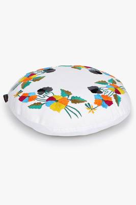 Mezposh white & multi floral embroidered cotton canvas cushion cover (16 inch dia) 4